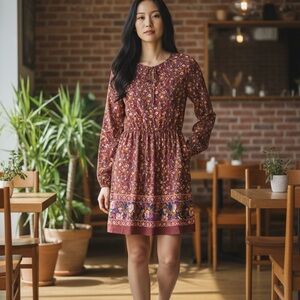 Mudd BurgundyFloral Long Sleeve Peasant Dress size small NWOT